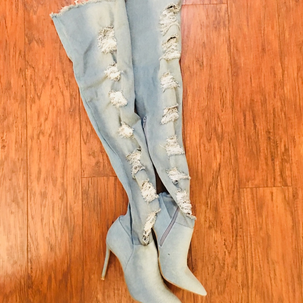 Over The Knee Ripped Denim Boots
